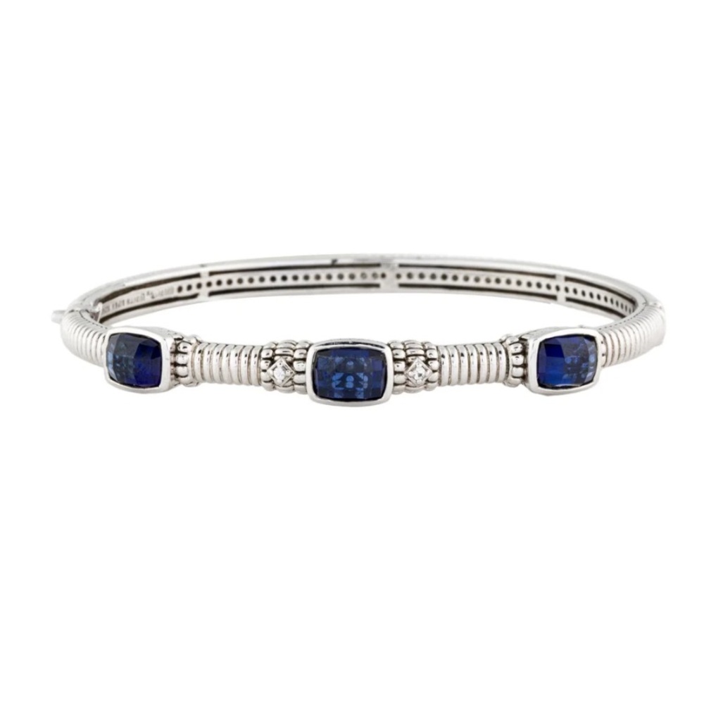 Judith Ripka Blue Corundum & Sapphire Triple Station Hinged Bangle Bracelet